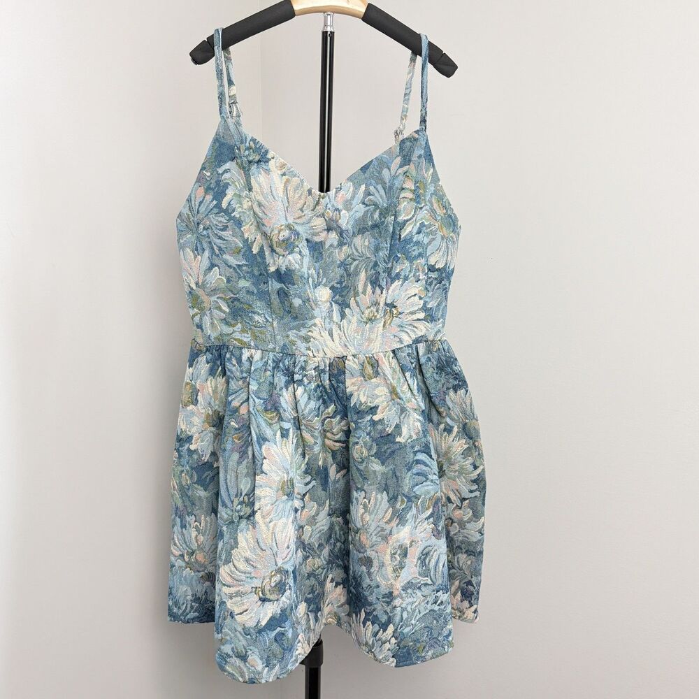 Blue Floral Cottagecore Jacquard Mini Dress Size L Coquette Garden Party Dress